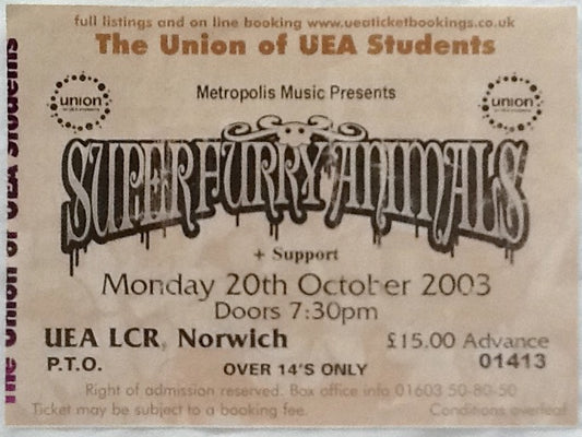 Super Furry Animals Original Used Concert Ticket UEA Norwich 20th Oct 2003