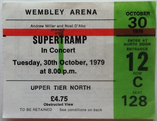 Supertramp Original Used Concert Ticket Wembley Arena London 30 Oct 1979