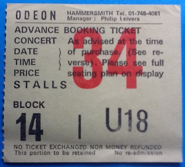 Steve Winwood Original Used Concert Ticket Hammersmith Odeon London 1983