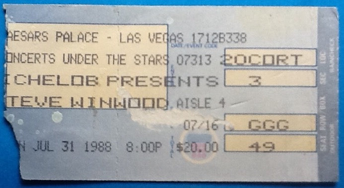 Steve Winwood Original Used Concert Ticket Caesars Palace Las Vegas 1988