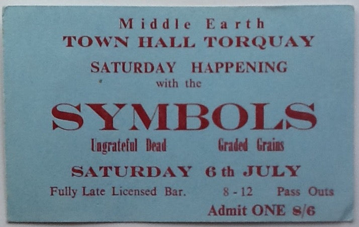 Symbols Original Used Concert Ticket Torquay Town Hall 1968