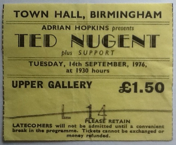 Ted Nugent Original Used Concert Ticket Town Hall Birmingham 14th Sept 1976