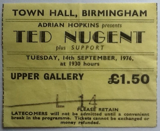 Ted Nugent Original Used Concert Ticket Town Hall Birmingham 14th Sept 1976