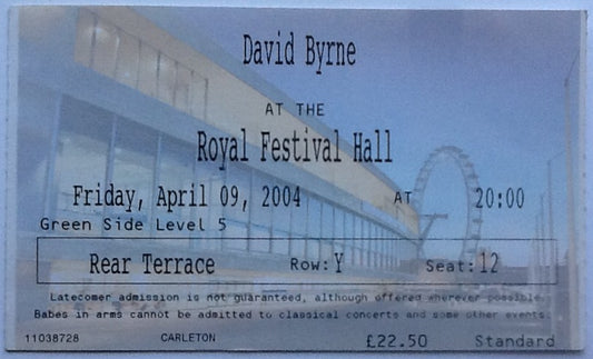 Talking Heads David Byrne Original Used Concert Ticket Royal Festival Hall London 2004