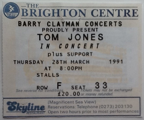 Tom Jones Original Used Concert Ticket Brighton Centre Brighton 1991