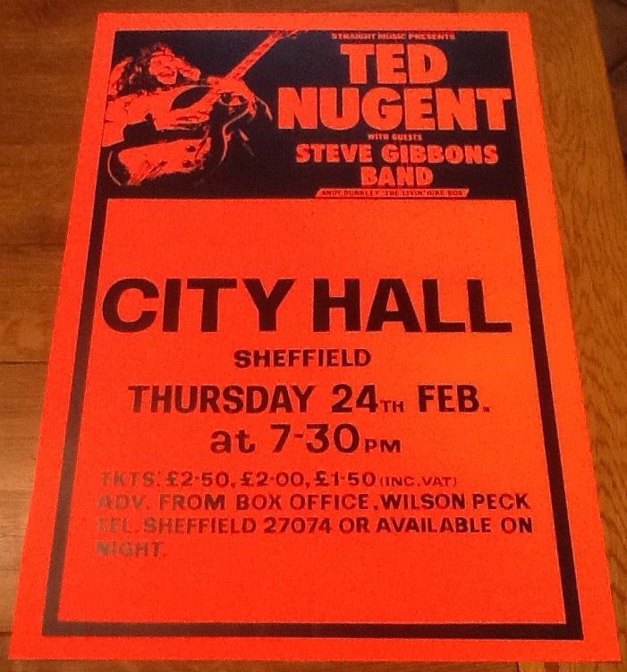 Ted Nugent Steve Gibbons Band Original Promo Concert Tour Gig Poster City Hall Sheffield 1977