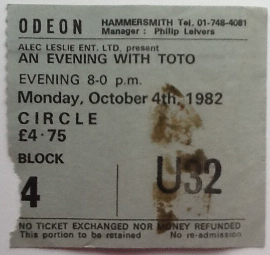 Toto Original Used Concert Ticket Hammersmith Odeon London 1982