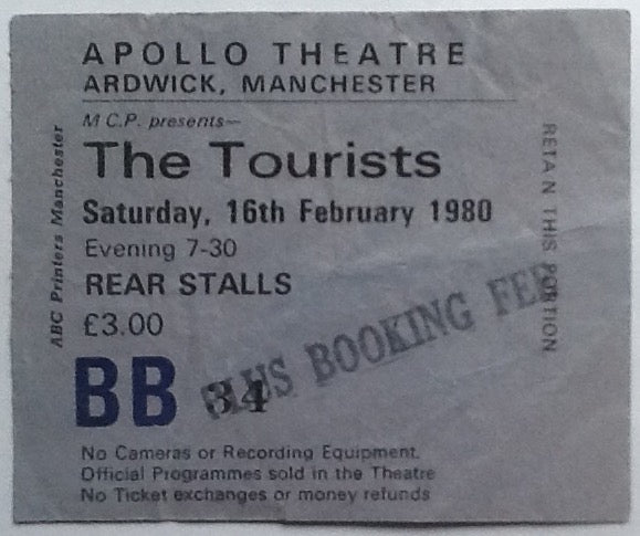 Tourists Annie Lennox Dave Stewart Original Used Concert Ticket Apollo Theatre Manchester 1980