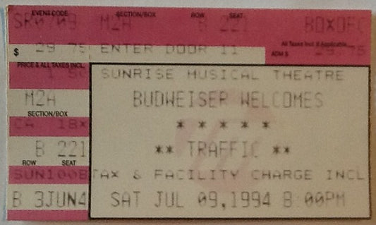 Traffic Steve Winwood Original Used Concert Ticket Sunrise Musical Theatre Florida 1994