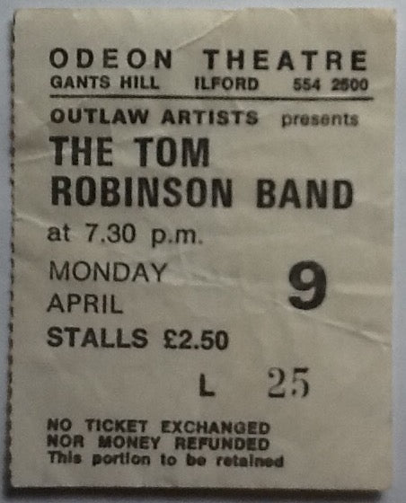 Tom Robinson Band Original Used Concert Ticket Odeon Theatre Ilford 1979