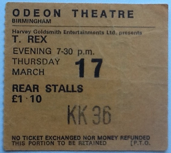 T Rex Marc Bolan Original Used Concert Ticket Odeon Theatre Birmingham 1977