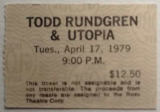 Todd Rundgren Utopia Original Used Concert Ticket Roxy Los Angeles 17 April 1979