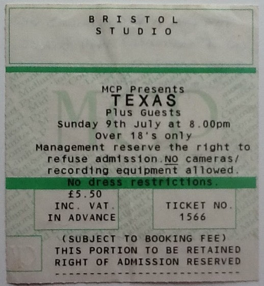Texas Original Used Concert Ticket Bristol Studio Bristol 1989