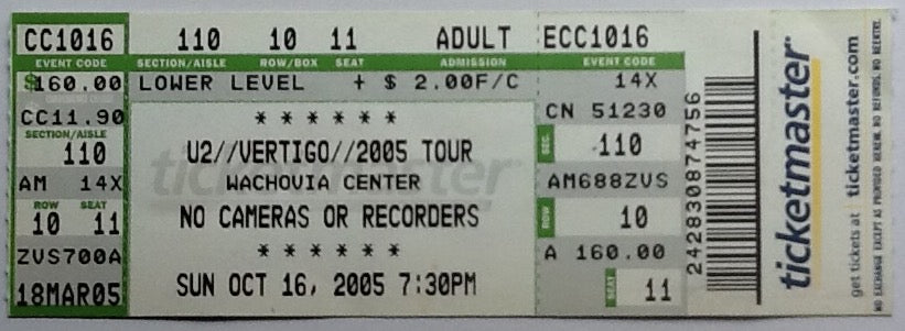 U2 Original Unused Concert Ticket Wachovia Center Philadelphia 16 Oct 2005