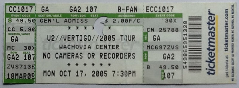 U2 Original Complete Concert Ticket Wachovia Center Philadelphia 17 Oct 2005