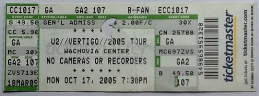 U2 Original Complete Concert Ticket Wachovia Center Philadelphia 17 Oct 2005