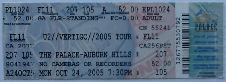 U2 Original Unused Concert Ticket Palace of Auburn Hills Michigan 24th Oct 2005