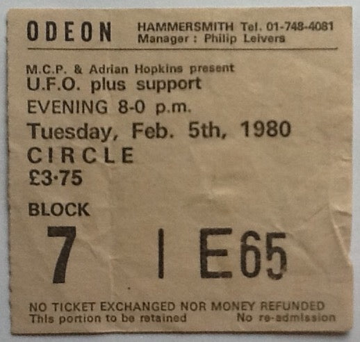 UFO Original Used Concert Ticket Hammersmith Odeon London 5th Feb 1980