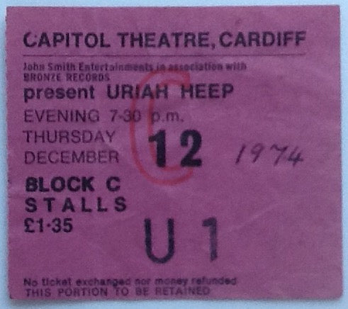 Uriah Heep Original Used Concert Ticket Capitol Theatre Cardiff 1974