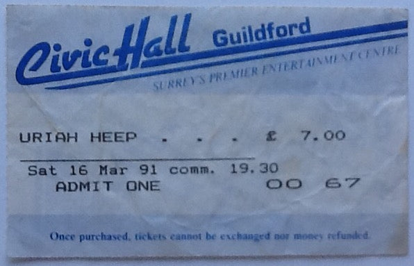 Uriah Heep Original Used Concert Ticket Civic Hall Guildford 1991