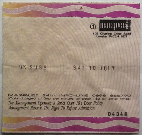 U.K. Subs Original Used Concert Ticket Marquee Club London 1993