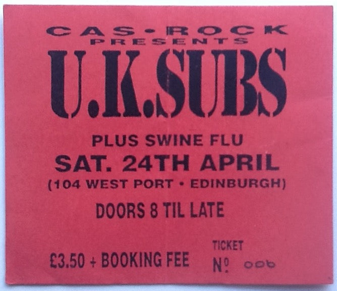 U.K. Subs Original Concert Ticket and Handwritten Setlist Cas Rock Cafe Edinburgh 1993