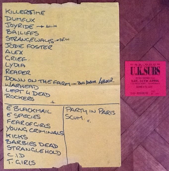 U.K. Subs Original Concert Ticket and Handwritten Setlist Cas Rock Cafe Edinburgh 1993