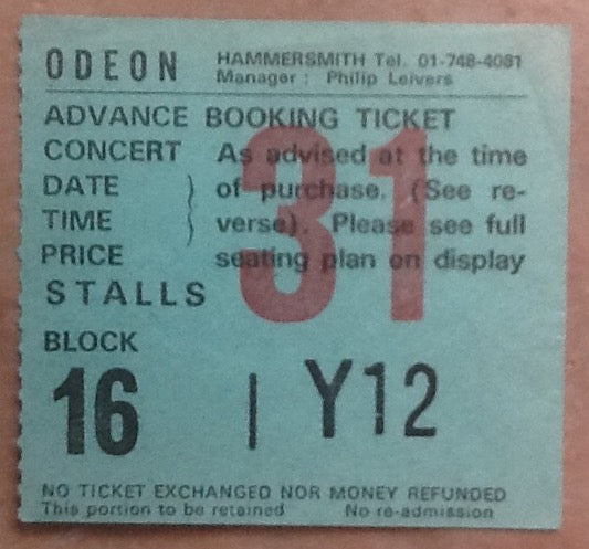 Ultravox Original Used Concert Ticket Hammersmith Odeon London 16 Oct 1981
