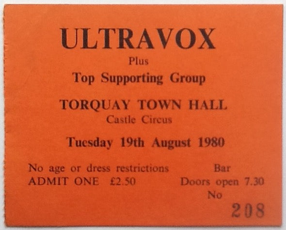 Ultravox Original Used Concert Ticket Torquay Town Hall 1980