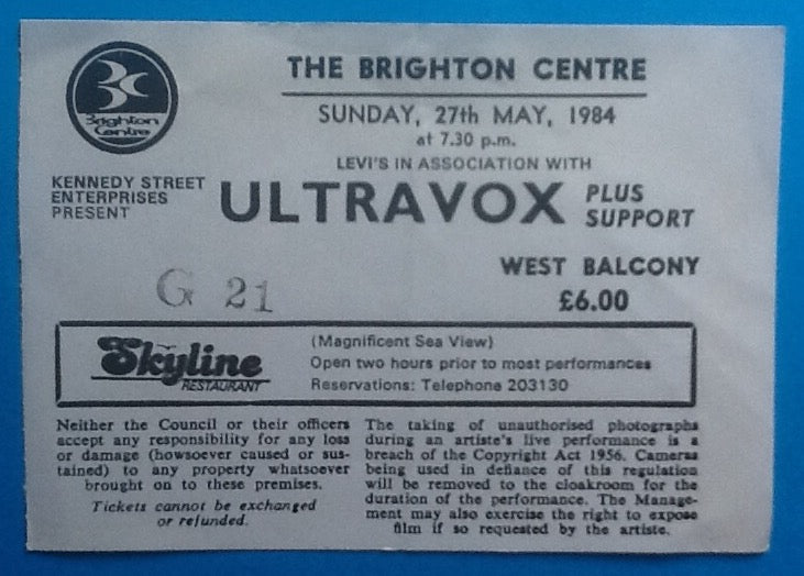 Ultravox Used Concert Ticket Brighton 1984