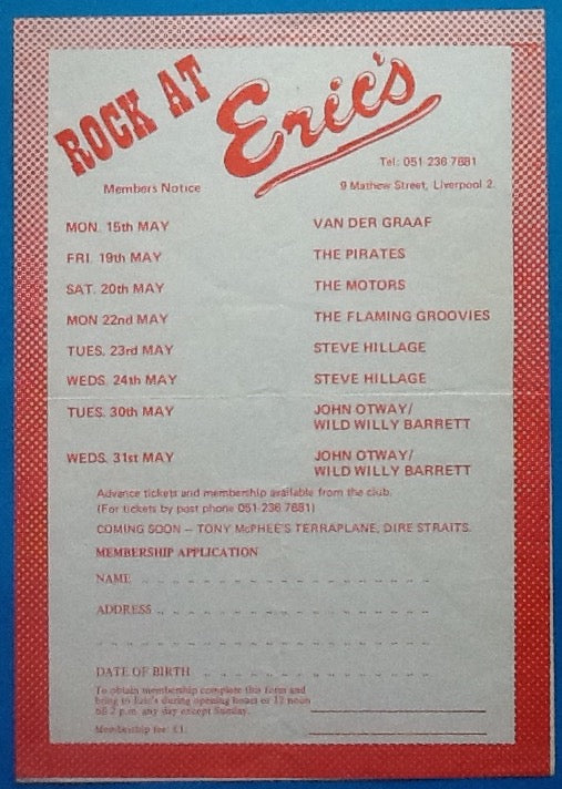 Van Der Graf John Otway Original Concert Handbill Flyer Eric's Liverpool 1978