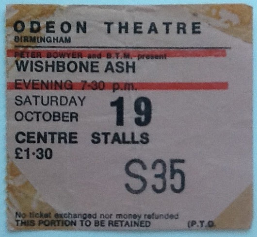 Wishbone Ash Original Used Concert Ticket Odeon Theatre Birmingham 1974