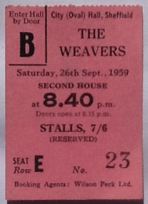 Weavers Original Used Concert Ticket City Hall Sheffield 1959