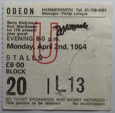 Whitesnake Original Used Concert Ticket Hammersmith Odeon London 2 Apr 1984