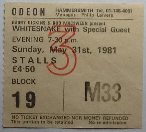 Whitesnake Original Used Concert Ticket Hammersmith Odeon London 1981