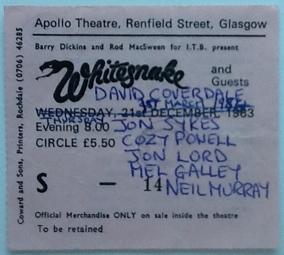 Whitesnake Original Used Concert Ticket Apollo Theatre Glasgow 1984
