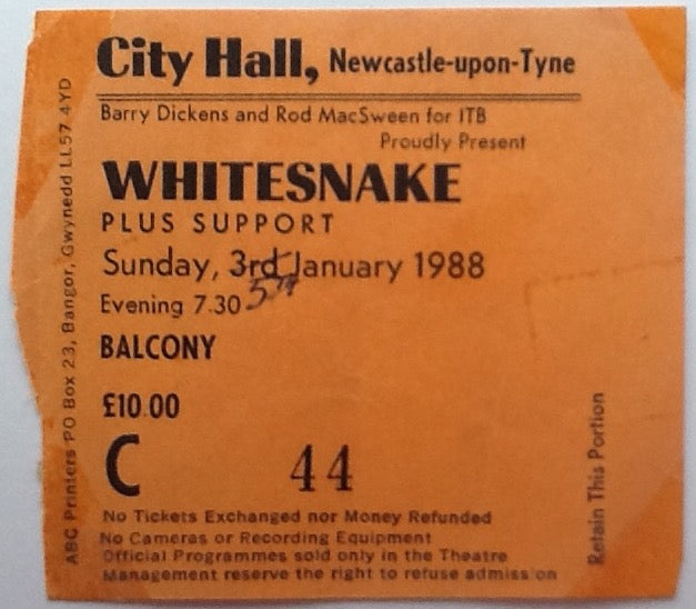 Whitesnake Original Used Concert Ticket City Hall Newcastle 1988
