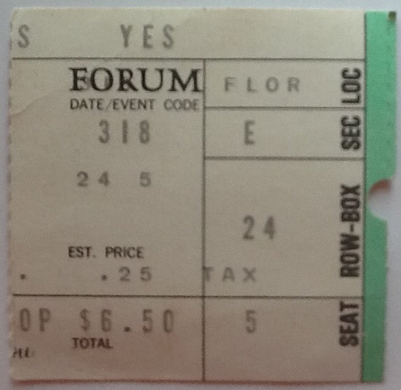 Yes Original Used Concert Ticket Forum Los Angeles 1974