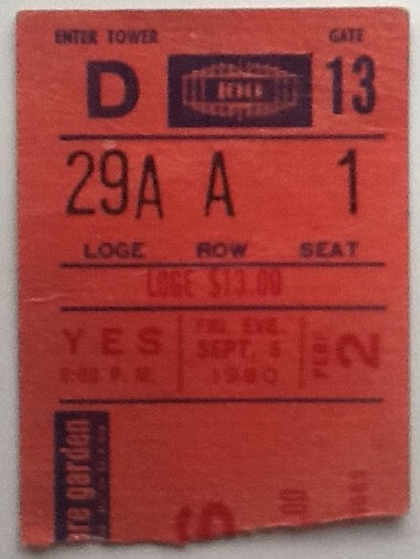 Yes Original Used Concert Ticket Madison Sqare Garden New York 5th Sept 1980