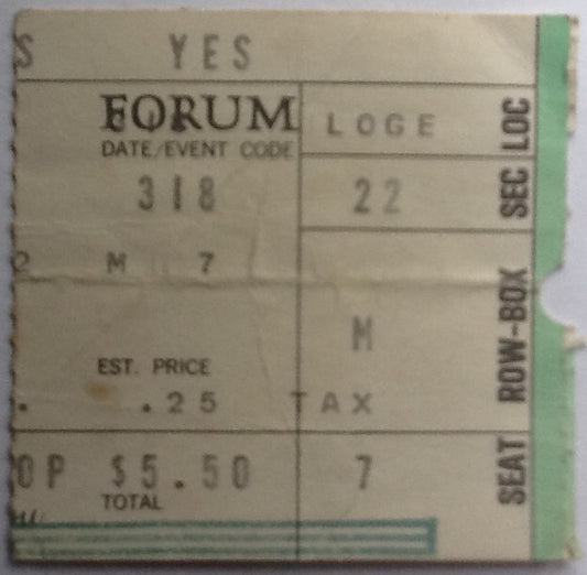 Yes Original Used Concert Ticket Forum Los Angeles 1974