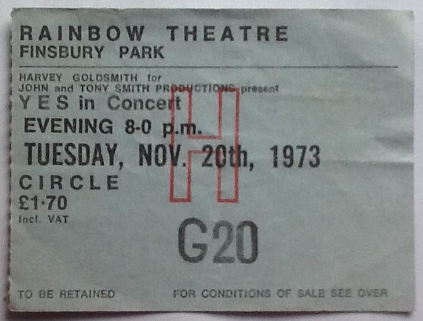 Yes Original Used Concert Ticket Rainbow Theatre London 20th Nov 1973