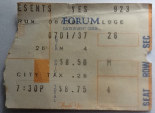 Yes Original Used Concert Ticket Forum Los Angeles 1977