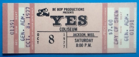 Yes Original Unused Concert Ticket Jackson Mississippi 1977