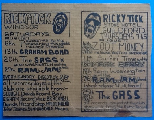 Zoot Money Gass Original Uncut Concert Handbill Flyer Ricky Tick Club Windsor Guildford 1966