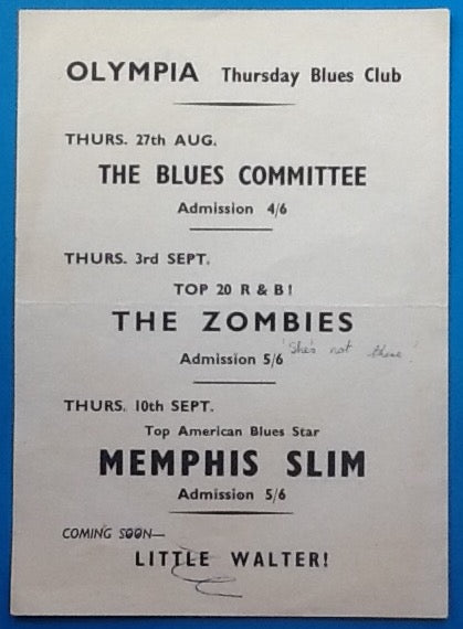 Zombies Memphis Slim Original Concert Handbill Flyer Reading 1964