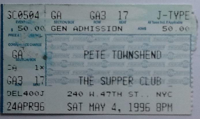 Who Pete Townshend Original Concert Ticket Supper Club New York 1996