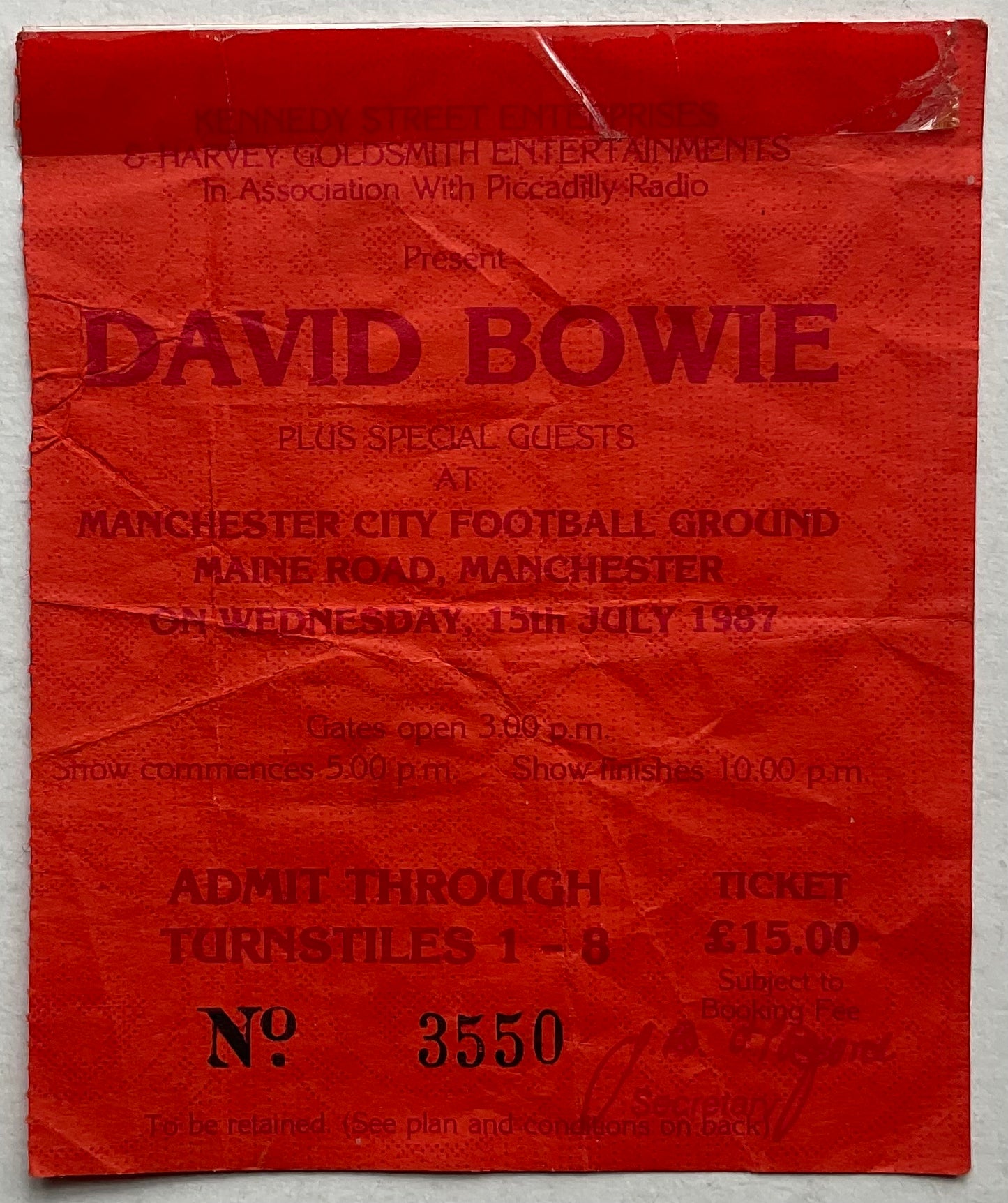 David Bowie Original Used Concert Ticket Manchester City Football Ground 15th July 1987