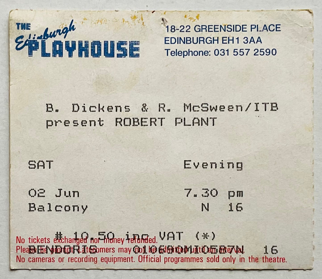 Led Zeppelin Robert Plant Original Used Concert Ticket Edinburgh Playhouse 2nd June 1990