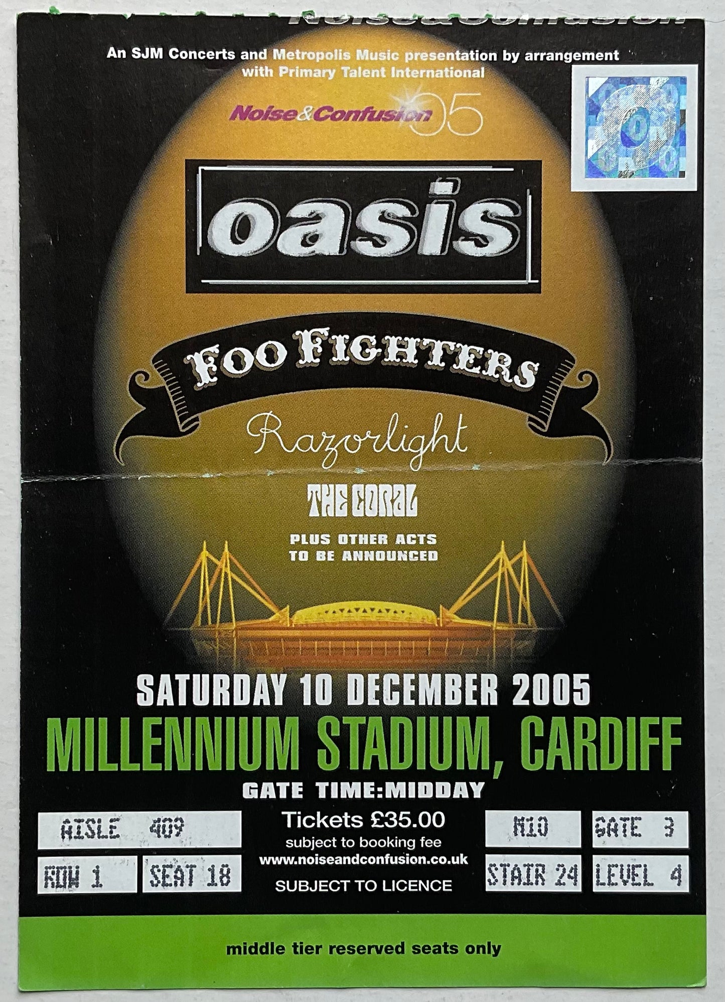 Oasis Foo Fighters Original Used Concert Ticket Millennium Stadium Cardiff 10th Dec 2005