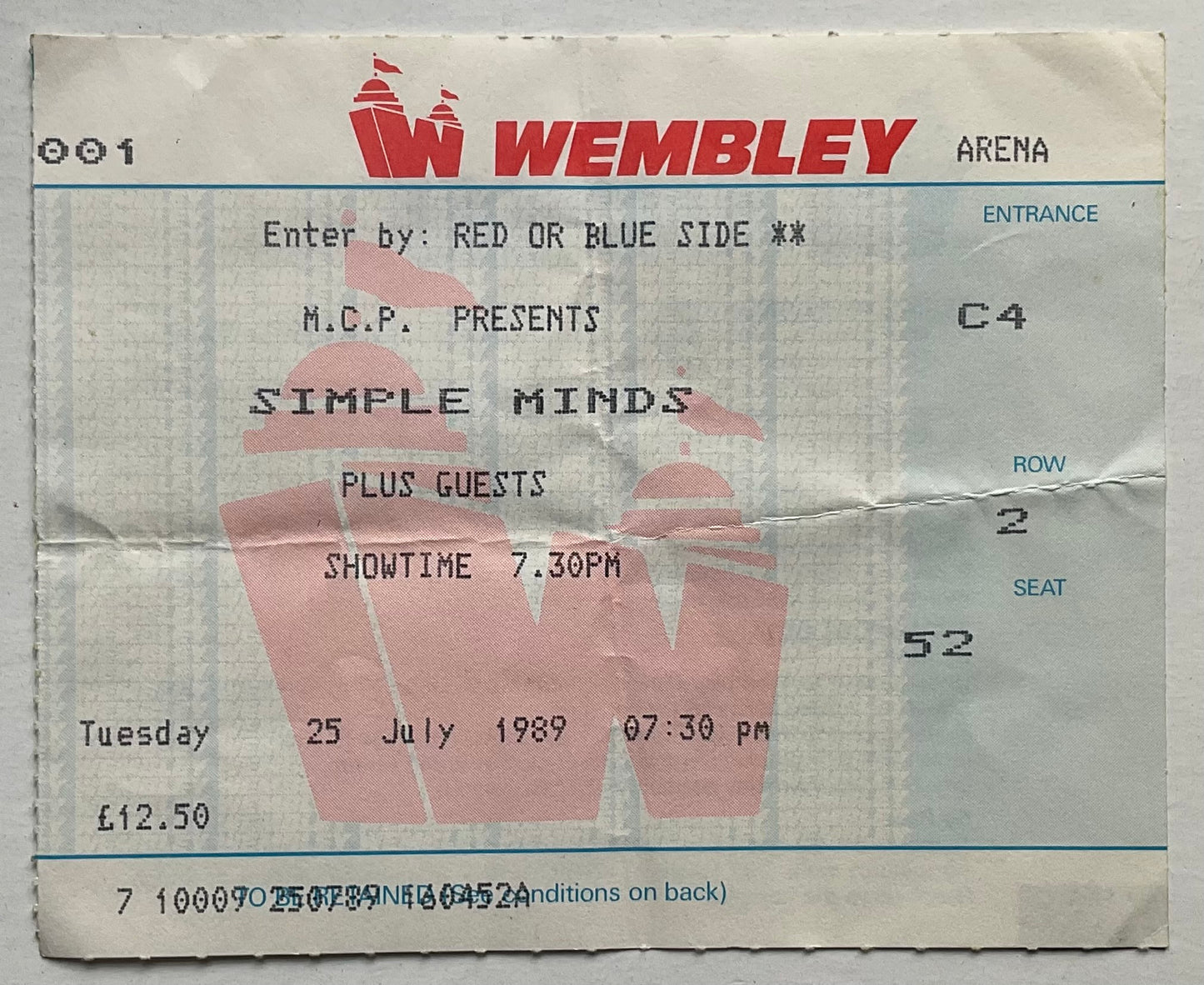 Simple Minds Original Used Concert Ticket Wembley Arena London 25th Aug 1989
